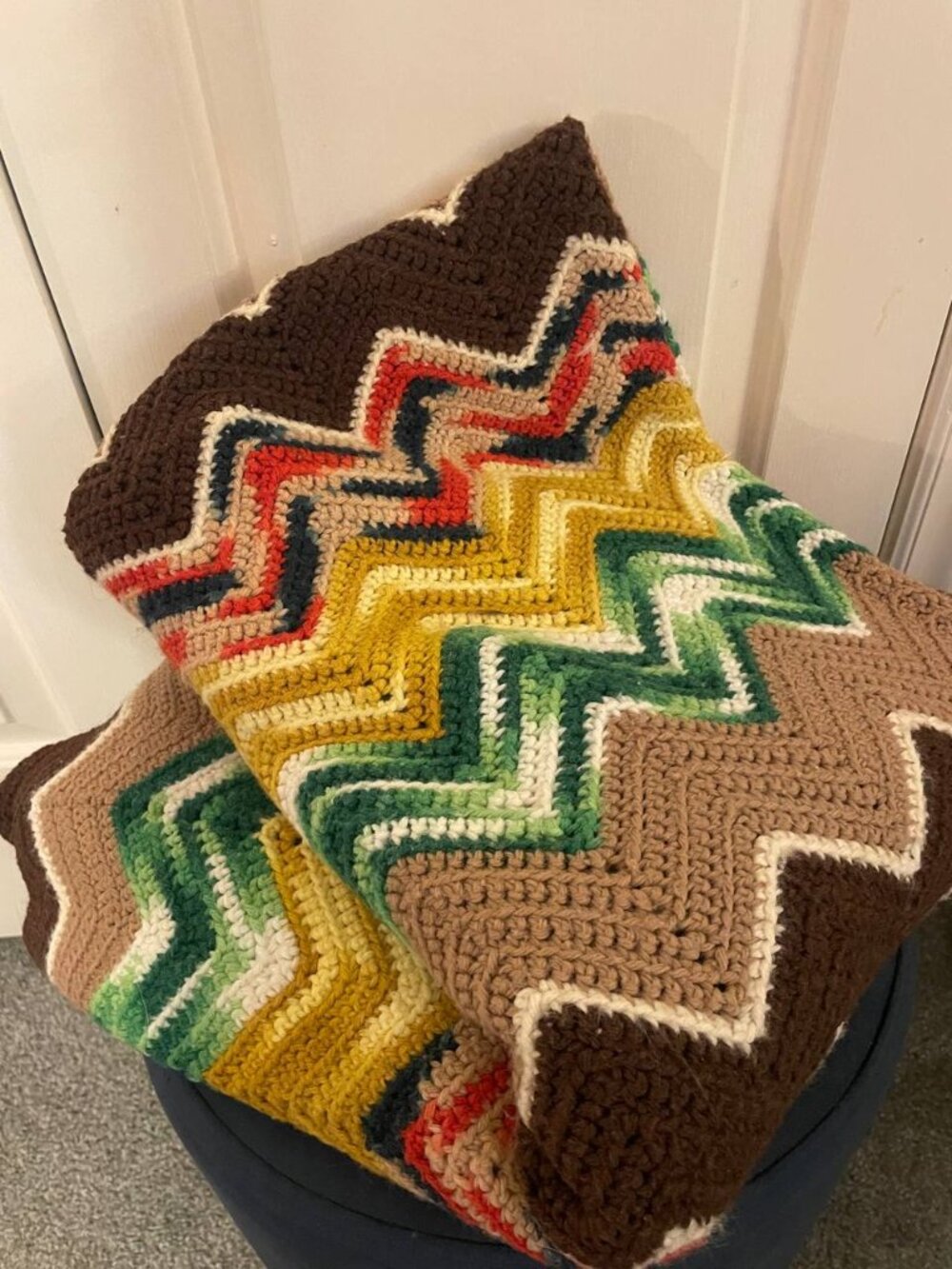 Handmade Vintage 70s Style Crochet Chevron Blanket - Boho Retro Earth Tones